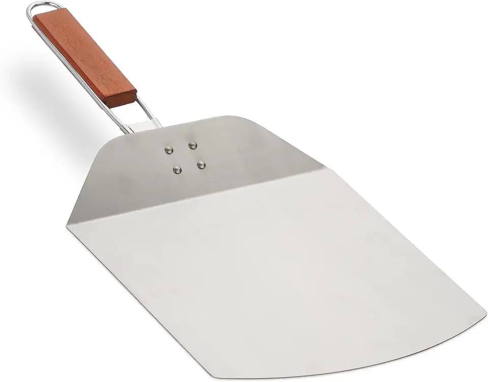 Relaxdays Pizzaschieber, Edelstahl, klappbarer Holzgriff, Pizzaheber BxT 24 x 25,5 cm, Pizza & Flammkuchen, Silber/braun