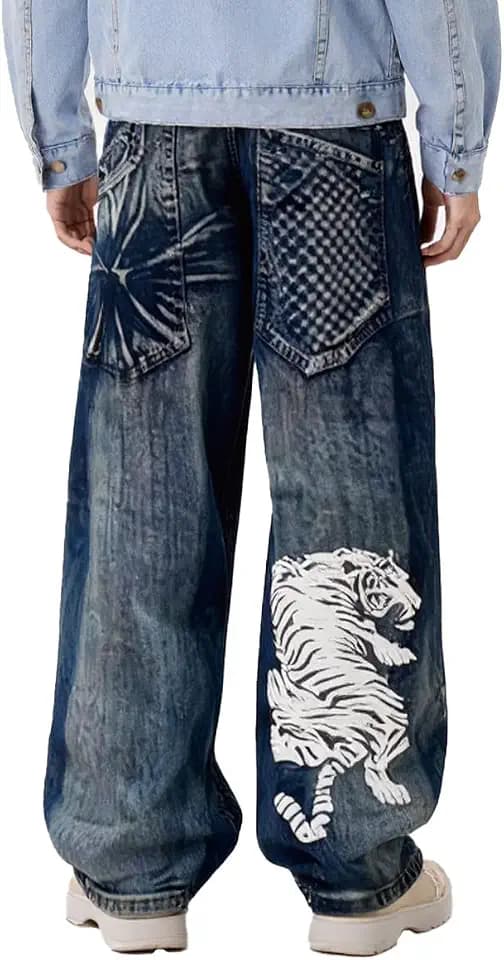 Unisex Y2K Hip Hop Street Jeans Skeleton Printed Gothic Baggy Jeans Vintage High Waist Denim Jeans Wide Leg Pants