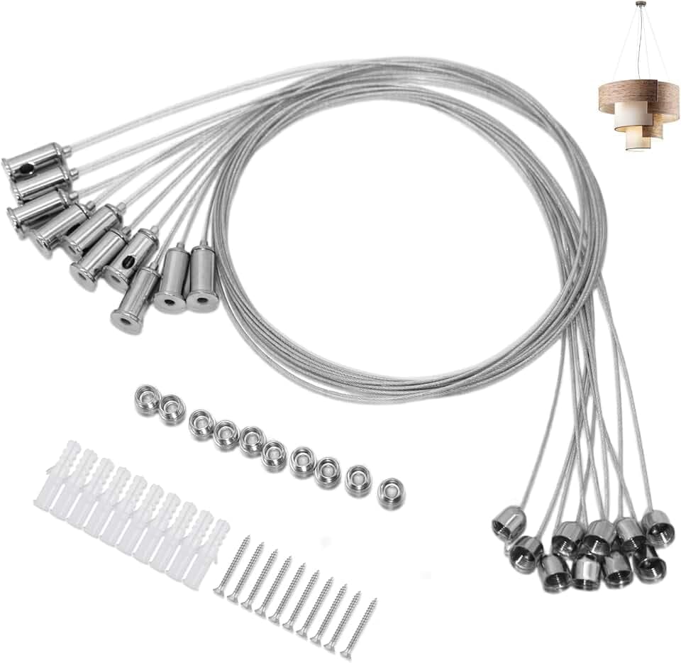 Seilaufhängung Einbauset, Deckenbefestigung mit Einstellbarem Design, Hohe Tragfähigkeit, für LED Panel Deckenleuchte,stahlseil mit ösen einstellbar seilaufhängung 1.5mm x 1m (10 Stück)