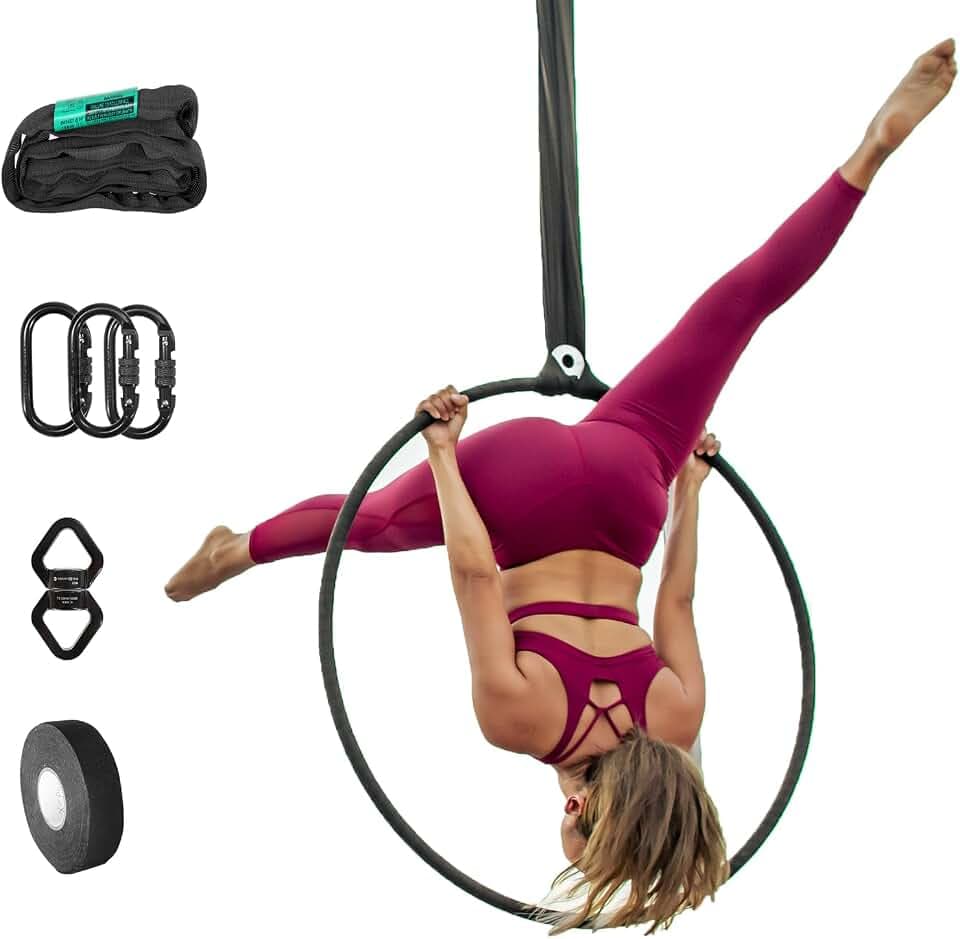 Aerial Lyra Hoop Complete Kit, 32mm Hollow Steel Tube Aerial Ring, Equipped with Carabiners, Swivel & Span Set, Multiple Sizes & Hanging Styles for Aerial Yoga Circus Training Performance