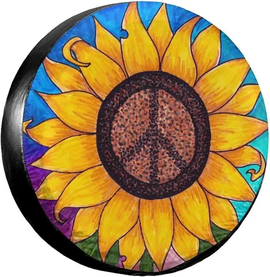 Peace Sign Sunflower Spare Tire Cover,Universal Wheel Tire Cover for Trailer, RV, SUV, Truck,Camper and Many Vehicle,Weatherproof Tire Protectors（14 inch for Diameter 23"-27"）
