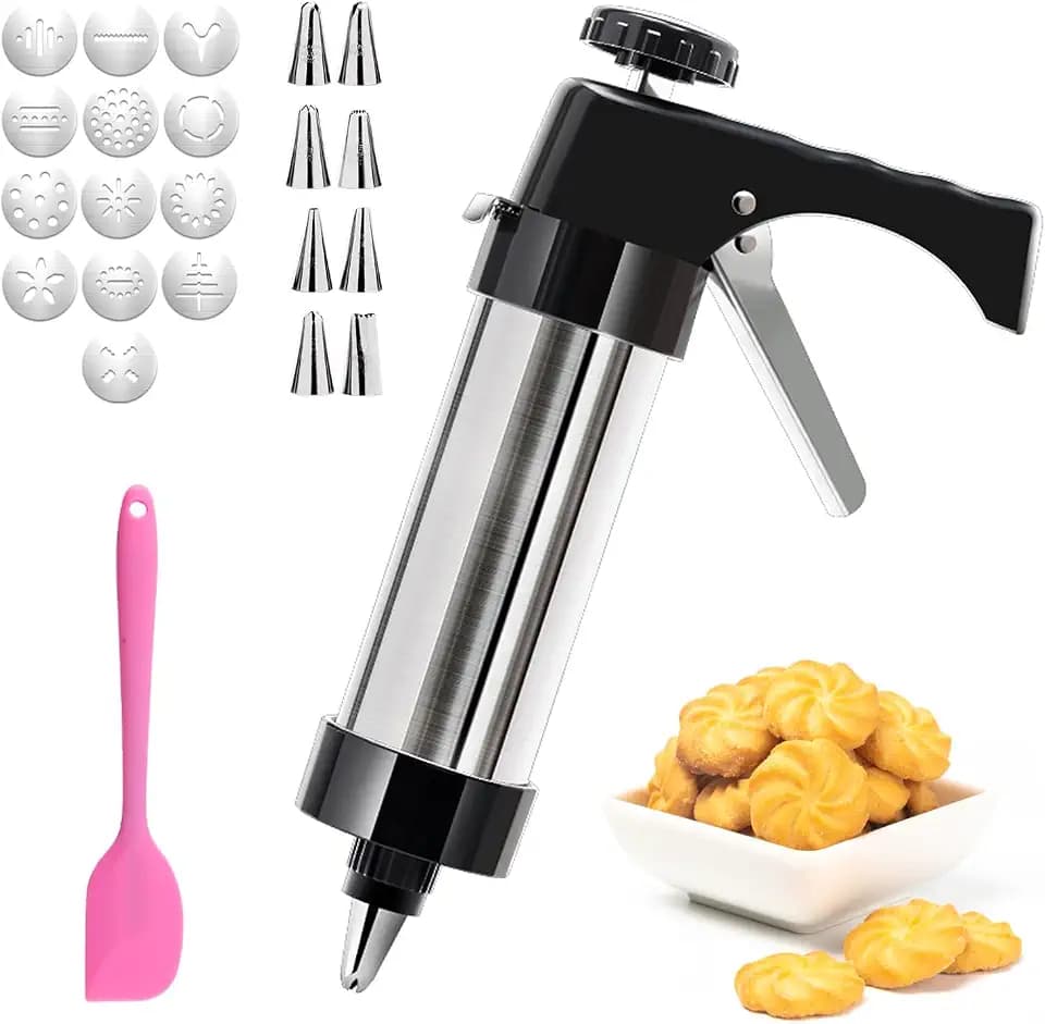 Gebäckpresse für Spritzgebäck Edelstahl Spritzgebäck Presse mit 13 Schablonen, 8 Tüllen, Plätzchenpresse, Backzubehör für Kuchen Dessert DIY Maker Cookie Presse