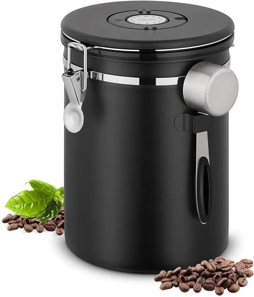 Kaffeedose Luftdicht, 2,8 L Kaffeebohnen Behälter aus Edelstahl, 1kg Bohnen Vakuum Kaffee Dose, Luftdichte Edelstahl Kaffeedose mit CO2-Ventil, Messlöffel & Datumsanzeige für Tee Nüsse Kakao