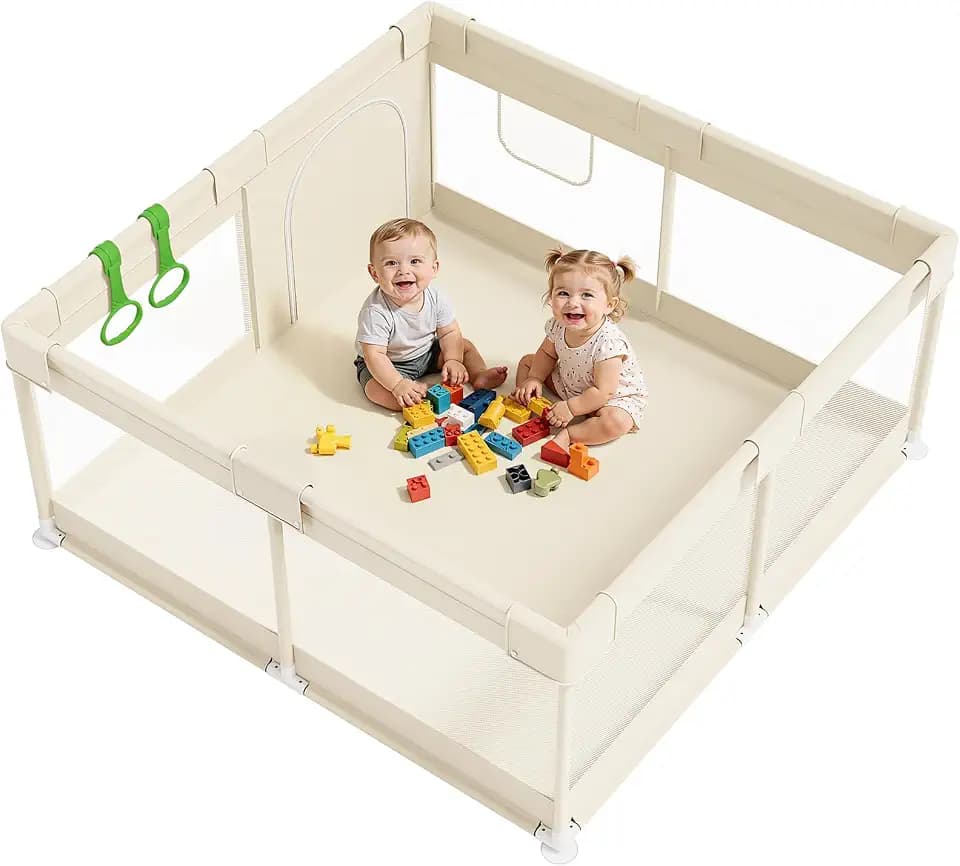 Beige Laufstall Baby 120x120 cm - Laufgitter Baby Klein, Laufstall für Babys und Kleinkinder, atmungsaktives Mesh für Wohnung
