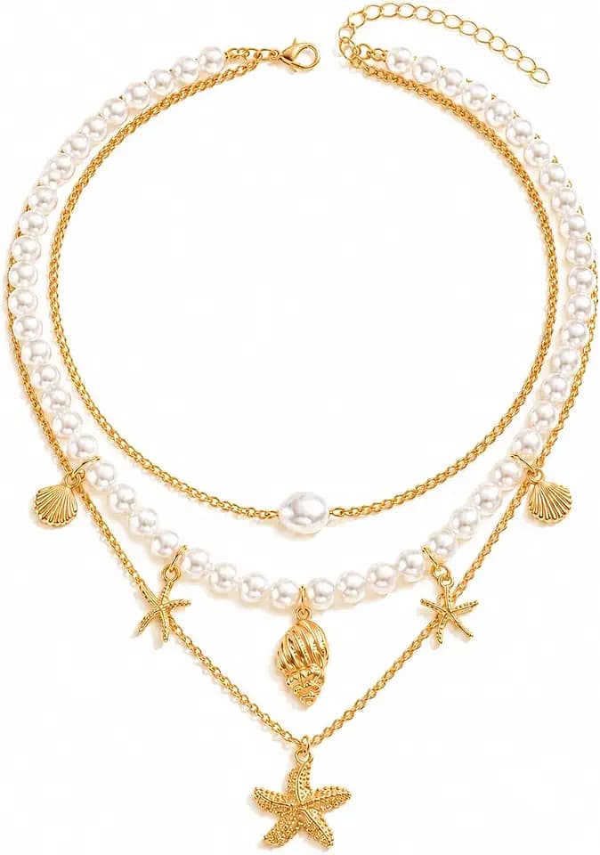 Seashell Starfish Necklace Dainty Boho Layered Conch Shell Pearl Pendant Charm Necklace Summer Vacation Beach Jewelry Accessories for Women