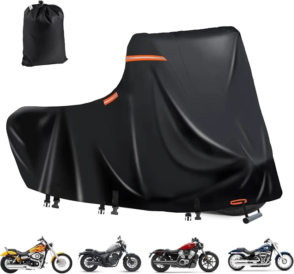 Heavy Duty Motorcycle Cover XL Waterproof Outdoor,600D Power Sports Vehicle Covers,Nano Silver Inner,5 Reflective Strips,3 Windproof Buckles,Air Vents,Rain UV Dust Proof(1XL 86" x 39" x 51" Black)