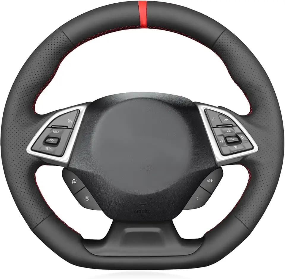 MEWANT Hand Stitch Black Genuine Leather Steering Wheel Cover for Chevy Camaro 2016-2024 DIY Steering Wheel Wrap