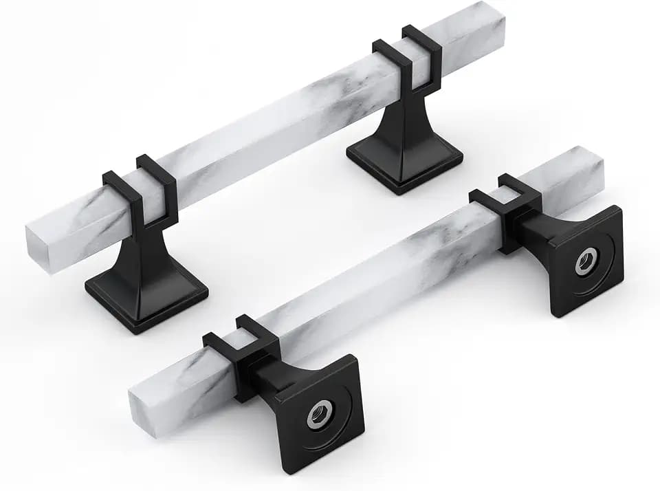 Rergy 10 Pack Cabinet Handles, White Marble & Matte Black Pulls, 3.75"
