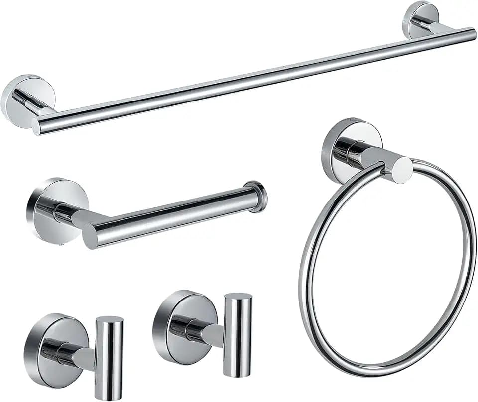 Chrom Badezimmer Hardware Set, 5-teiliges SUS304 Edelstahl Handtuchstange, 60 cm Handtuchhalter, Toilettenpapierhalter, Handtuchring, Bademantelhaken, Schraube Wandmontage Badzubehör für modernes