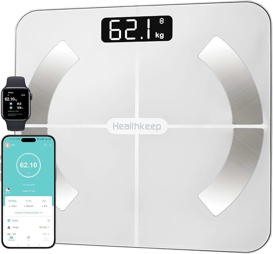 Healthkeep Intelligente Körperfettwaage mit 13 Körperzusammensetzungs-Messwerten, Intelligente Digitale Personenwaage Kompatibel mit iOS und Android, Max. 400 lb/180 kg, 26 × 26 cm