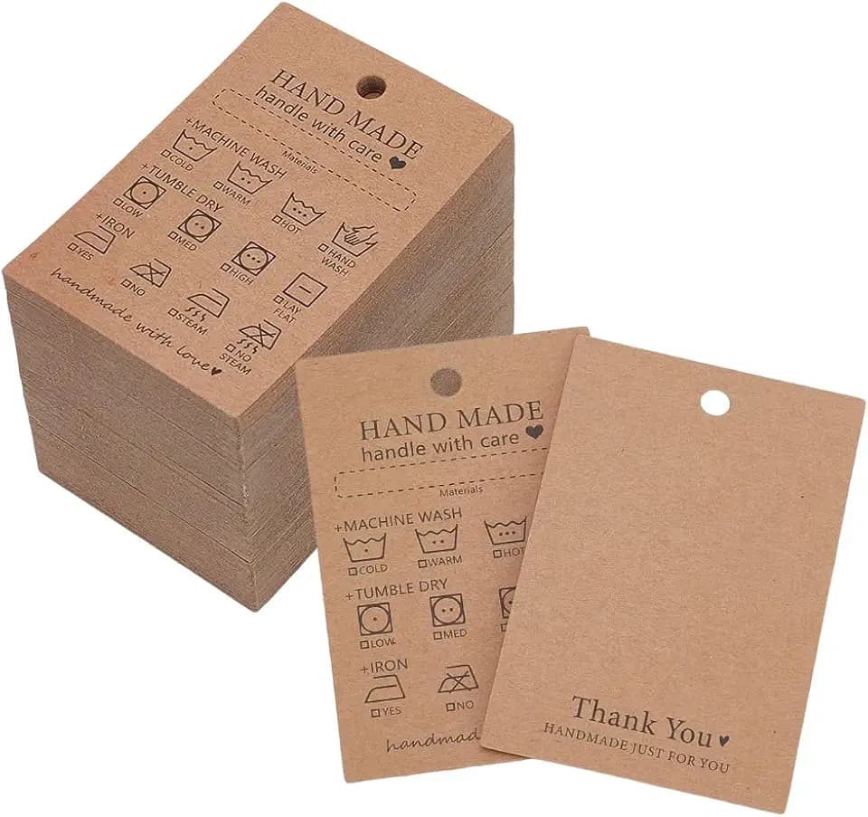 FINGERINSPIRE 120 Stück Handgefertigtes Stoff Waschanleitungs Hängeetikett 7.5x5cm Sandbraunes Kraftpapier Waschpreisschilder Materialpflege Minimalistisches Symboletikett Für Hemden Strickdecken