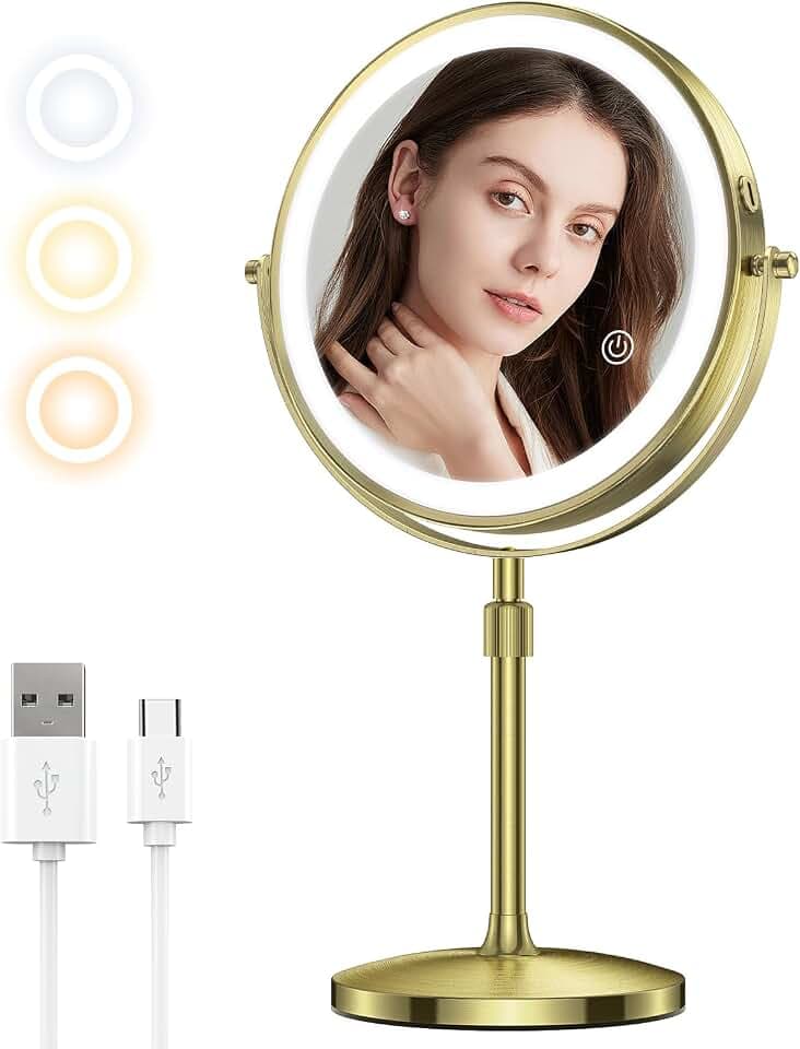 MATEPROX 8'' Kosmetikspiegel mit Beleuchtung, aufladbarer Doppelspiegel mit 1X 10X Vergrößerung & höhenverstellbar, beleuchteter Kosmetikspiegel mit 3 Farben Beleuchtung, Touch Sensor Dimmer-Bronze