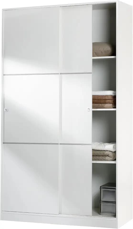 Habitdesign, Kleiderschrank mit 2 Schiebetüren – viel Stauraum, Kleiderstange und Regalfächern, Hochglanz Weiß, für Schlafzimmer oder Kinderzimmer, Maße: 120 x 200 x 50 cm (B x H x T), Modell Top