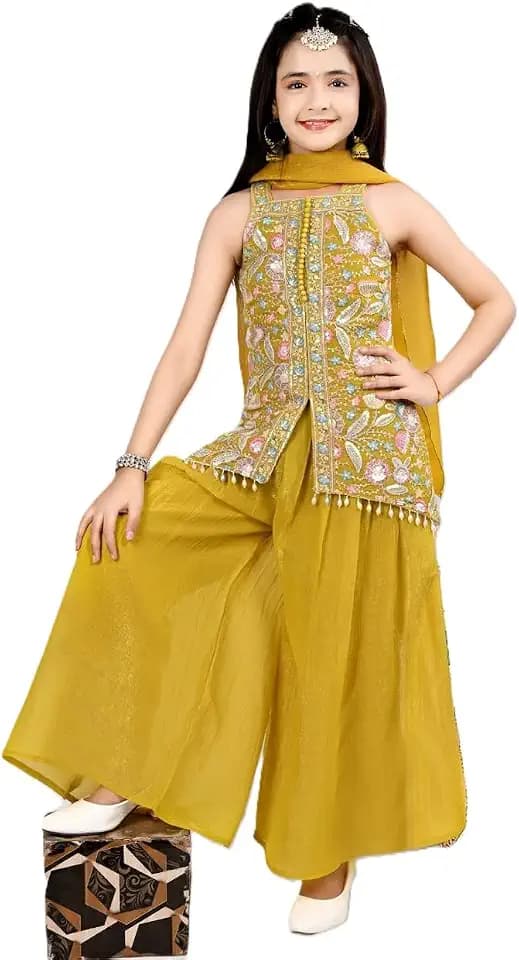 Indian Ethnic Girls Traditional Wear Kurta Plazzao Set, Embrodiery Work