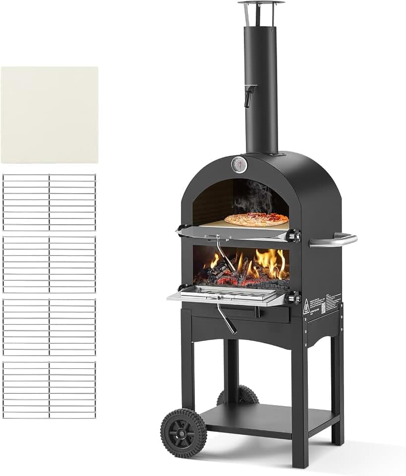 VEVOR Pizzaofen 12 Zoll Pelletöfen, 2-lagiger Pizzaofen mit Holzfeuerung, Holzbefeuerter Ofen Outdoor mit 2 abnehmbaren Rädern, Pizzamaker mit Höchsttemperatur von 540 °C zum Grillen