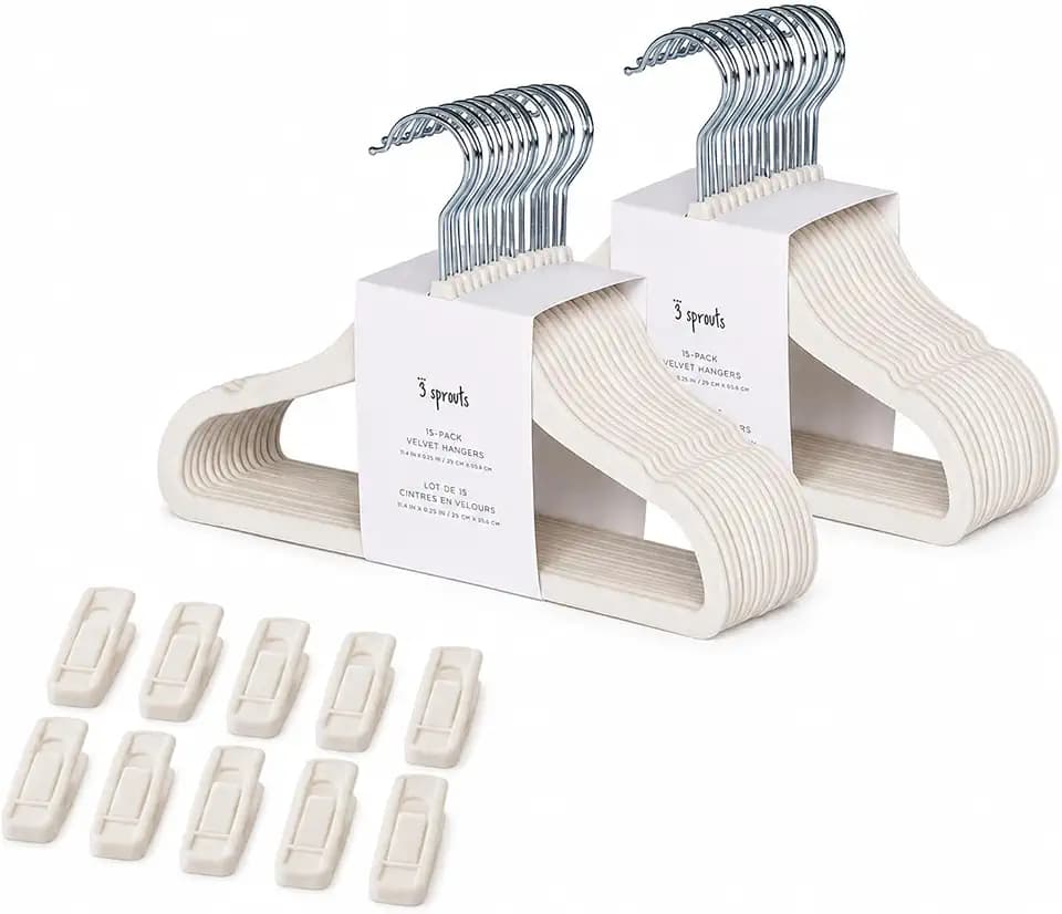 3 Sprouts Velvet Baby Hangers, Non Slip Slim, Cream, 30 Pack with 10 Clips