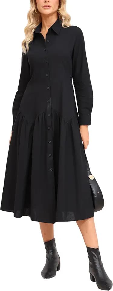 Ladyful Womens Cotton Shirt Midi Dress Long Sleeve Drop Waisted Dress Fall Button Down Maxi Shirtdress