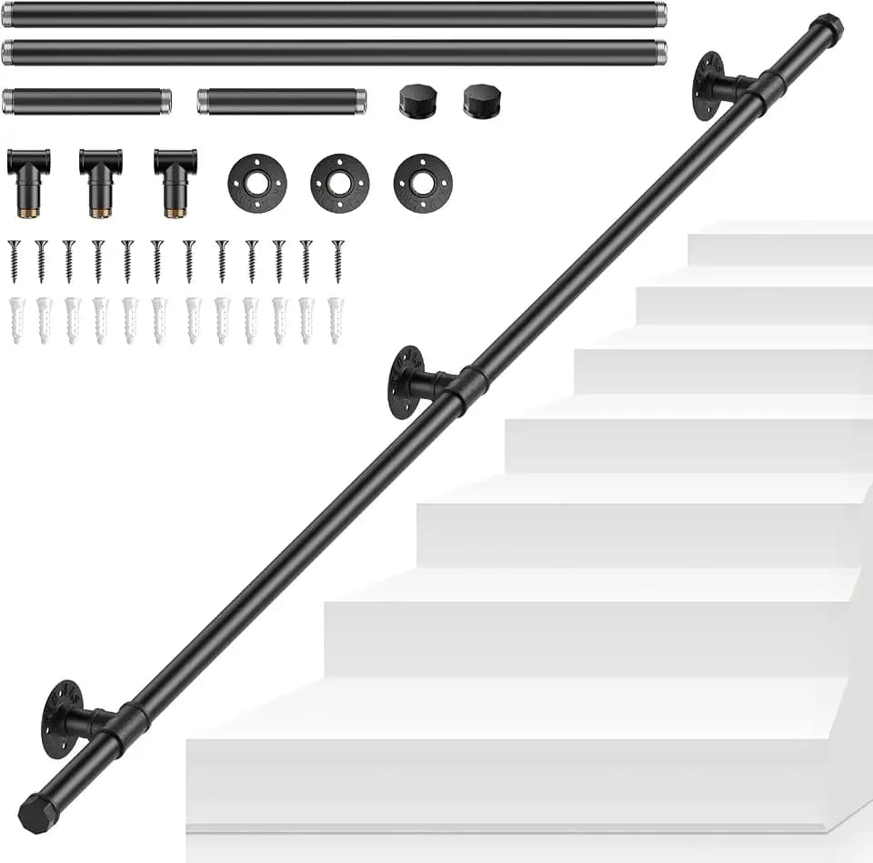 Handläufe für Treppen, Treppengeländer Innen und Außen, Verzinktes Industrielle Rutschfester Handlauf Schwarz für Treppensteigen Wandgeländer Handlauf-Stützsatz für ältere, Kinder 1.5M