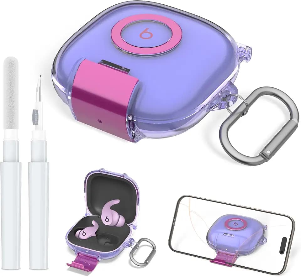 for Beats Fit Pro Case with Secure Lock and Phone Stand, Shockpoof Clear Cover Case Compatible with Beats Fit Pro (2021) Earbuds Accessories with Cleaner Kit & Keychain (Purple)