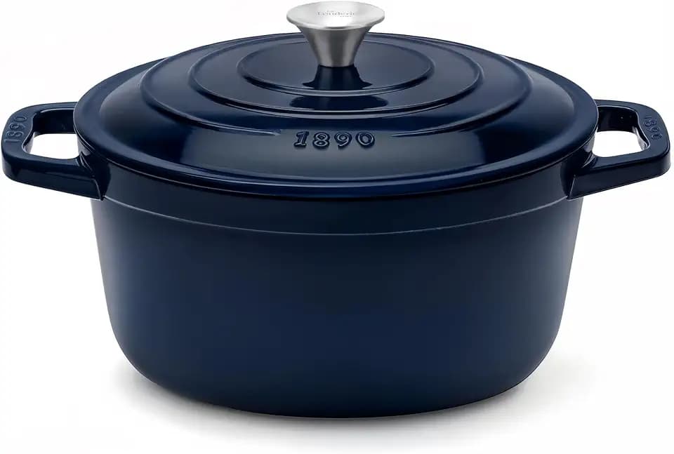 Runder Schmortopf aus emailliertem Gusseisen 22 cm ALMA22, Fassungsvermögen 3,3 L, Marineblau, geeignet für alle Herdarten (Induktion, Gas, Elektro), Grill und Backofen, Gusseisendeck