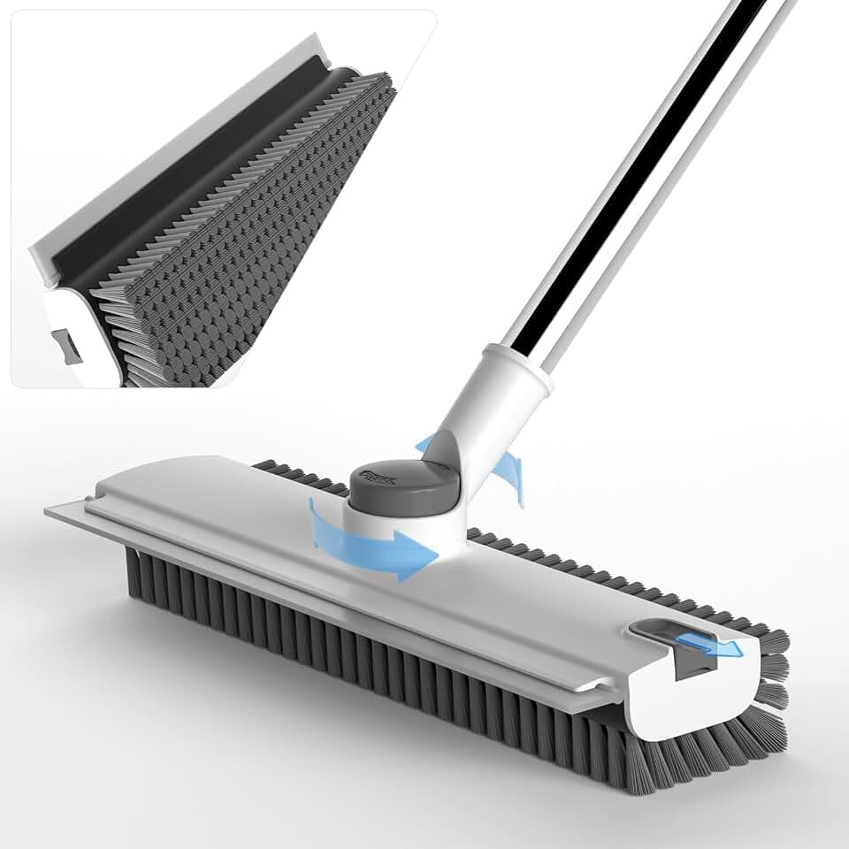 Floor Scrub Brush with Long Handle, 3 in 1 Scrape and Heavy-Duty Stiff Bristle Floor Scrubber Brush Broom with Squeegee and Tweezer for Cleaning White