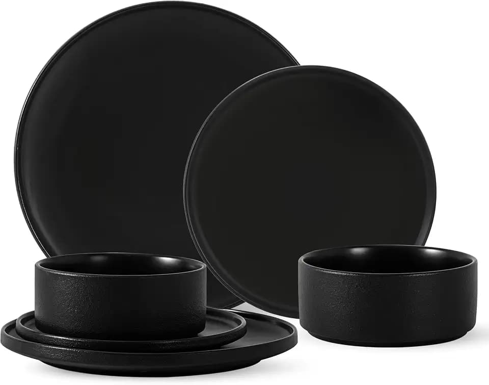 Dinnerware Sets, 6-Piece Plates and Bowls Set for 2, Matte Black