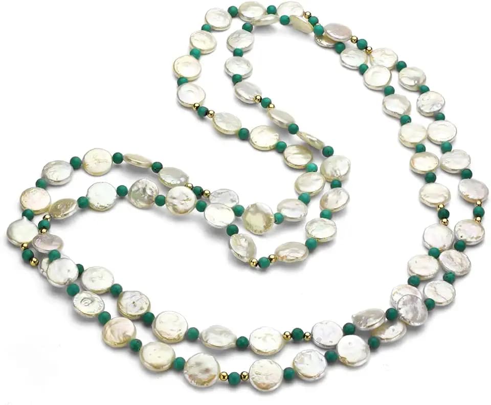 10-10.5mm White Coin Freshwater Cultured Pearl 4mm Round Simulated Magnesite Endless Necklace, 48"