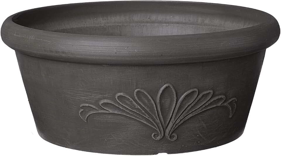 PSW Pot Collection 12-inch Large Plastic/Stone/Wood Composite Bulb Pan Planter – No Drainage Hole (Drillable), Shallow Indoor/Outer Pot for Succulents, Bonsai, Fairy Gardens, Herbs, Dark Charcoal