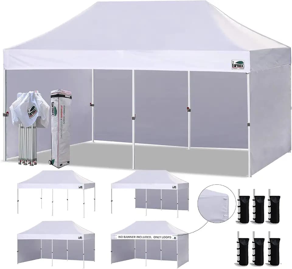 Eurmax USA 10x20 Pop Up Canopy Tent,Commercial Tent with Patented No-Tip Rolling Bag,4 Zippered Removable Walls,UV & Water Resistant Canopy Top,Heavy Duty Outdoor Gazebo,Instant Shelter(White)