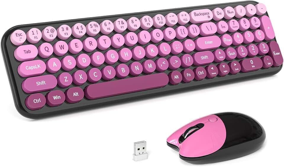 Dilter Wireless Keyboard and Mouse Combo, Portable Retro Keyboard with Compact Size, 2 in 1 USB Connected Mouse for Windows 7/8/10, Laptop, Desktop, PC, Computer (Black Pink)