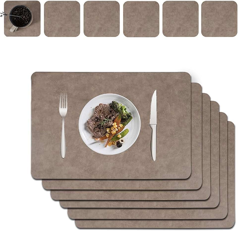 Abwischbar - 6er Set Untersetzer aus Leder Platzset Tischset abwaschbar doppelt verdickt 45 x 30 cm für Zuhause Küche, Restaurant und Hotel (Rindleder Muster + Hellbraun)
