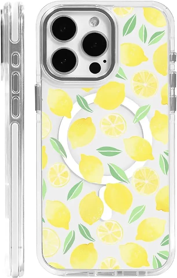for iPhone 13 Pro Case [Compatible with Magsafe],Girls Women Clear Magnetic Case Silicone Shockproof Protective Cover with Pattern Summer Lemons