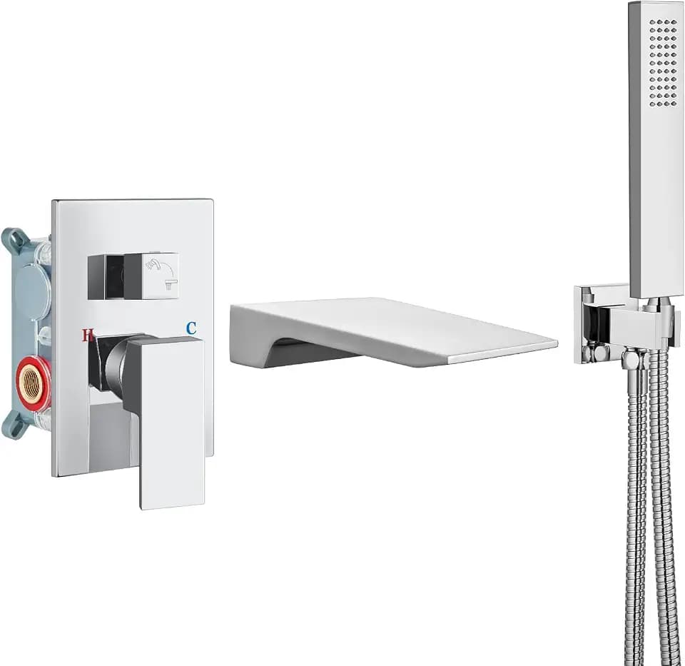 Airuida Chrome Polish Bathtub Faucet Wall Mount Tub Filler with Handheld
