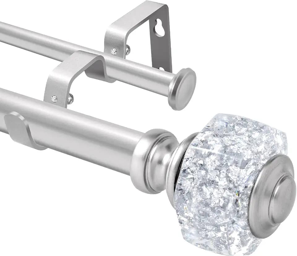 1" Silver Double Curtain Rods with Crystal Finials,28"- 48"