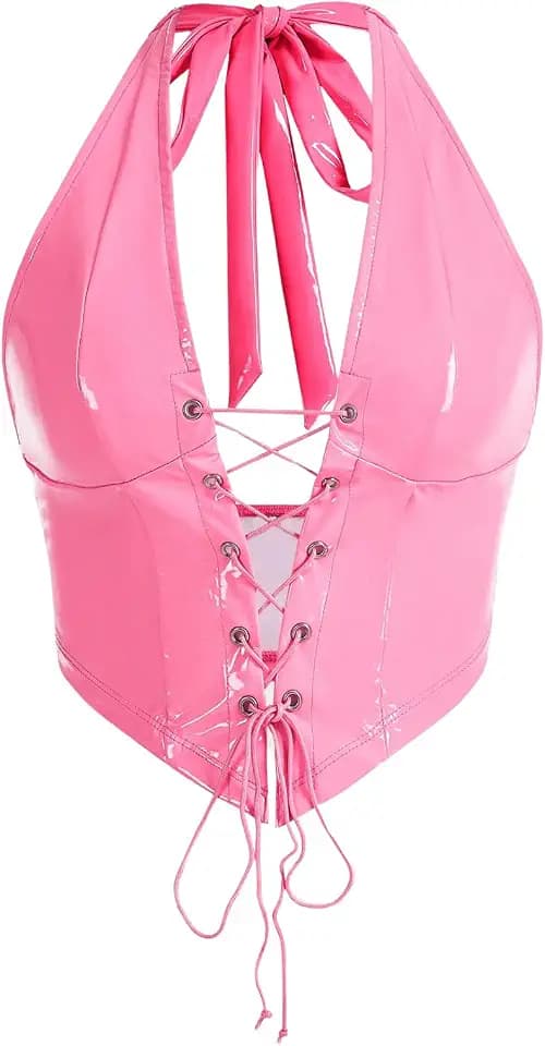 WDIRARA Women's PU Leather Deep V Neck Sleeveless Halter Top Y2k Lace Up Front Crop Top