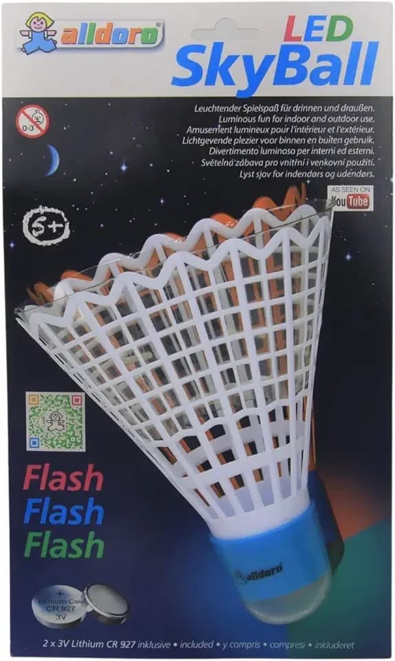 alldoro 60056 - LED Sky Ball ca. 24 cm, leuchtender & Blinkender Riesen Federball, Zubehör für Federballset, passend für XXL Badminton und Tennis Schläger, inklusive Batterien, in 3 Farben Sortiert