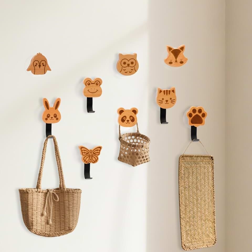 9 Stk Kleiderhaken Kinder, Garderobenhaken Kinderzimmer Holz, Wandhaken Selbstklebend Kinder, Tier Kindergarderobe Haken zum Bohren, Klebehaken Garderobe für Bad,Mütze,Tasche(A)