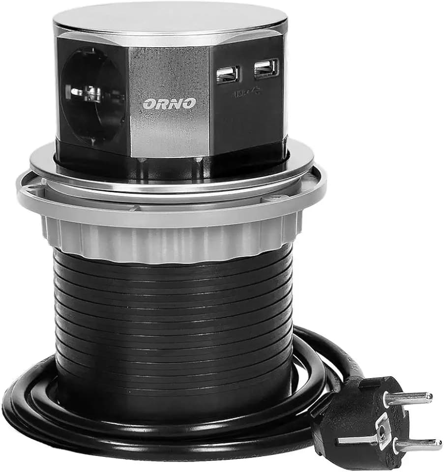 ORNO OR-AE-1381(GS) Versenkbare Einbau Steckdosenleiste 3-Fach + 2X USB 3680W, Ø10cm
