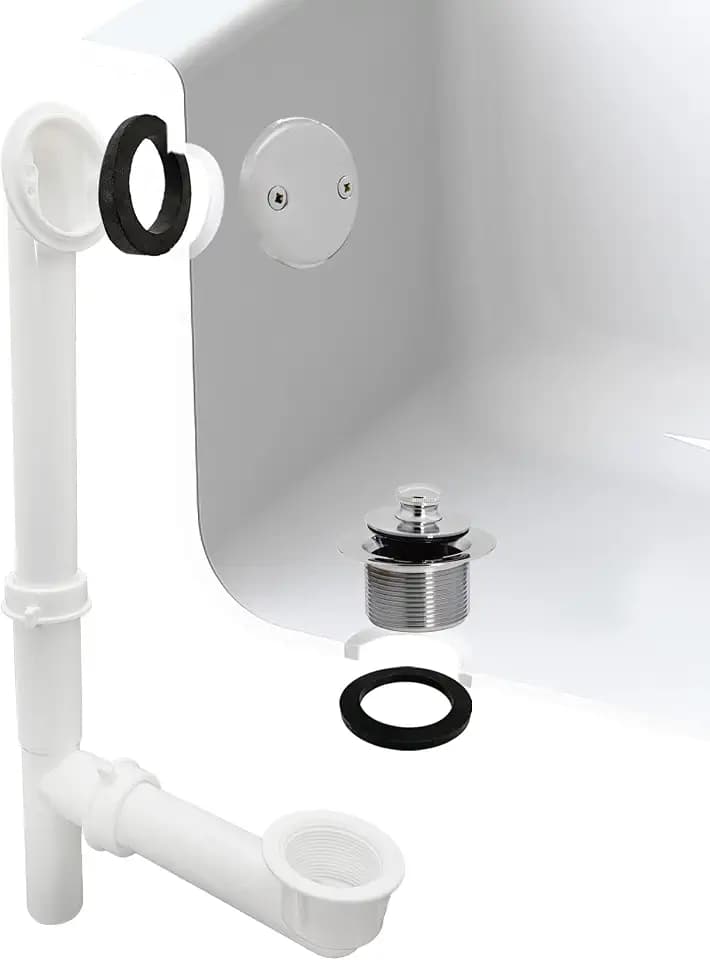 Westbrass A594244CP White Tubular Bath Waste & Overflow Assembly with Twist & Close Drain Plug and Two-Hole Faceplate, Polished Chrome