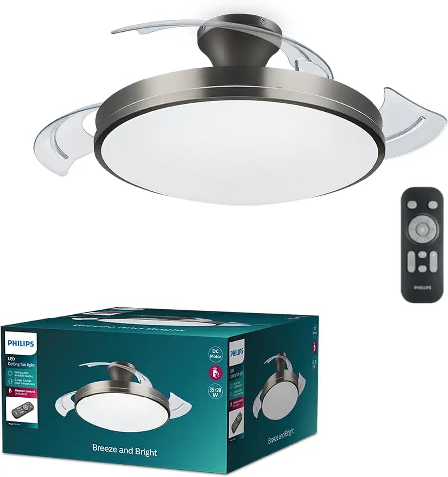 PHILIPS Atlas Deckenventilator mit einziehbaren Flügeln und LED-Beleuchtung, 3 Flügel, 106 cm Flügelspannweite, 3 Beleuchtungsstufen, einstellbares weißes Licht, besonders leise, Modell 2024, nickel