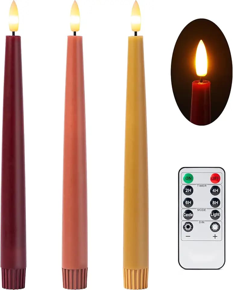 Stmarry Fall Flameless Taper Candles with Remote and Timer, 9.65 Inch Real Wax LED Candlesticks, Battery Operated Thanksgiving Candles with 3D Flickering Flame, Bordeaux, Terra Cotta & Caramel, 3 Pack