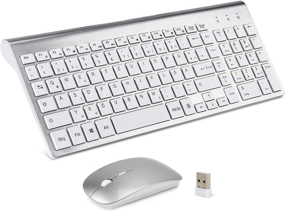 Sanhoton Kabellose Tastatur und Maus, 2.4G Ultradünne Tragbare Kabellose Tastatur-Maus-Sets, Kompatibel mit Windows/Mac/Android-Tablets (Silber)