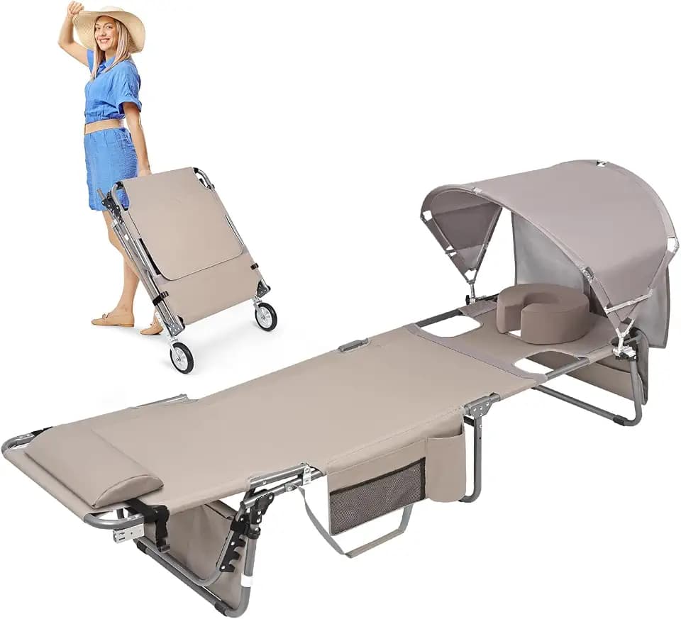 Wheel-To-Go Oversized Tanning Chair with Face Hole & Wheels | Portable Heavy Duty Folding Lounge Chair | Outside Sunbathing Reading Relaxing Beach Poolside Lawn | XL Wide | 330 LBS (Patent Design)