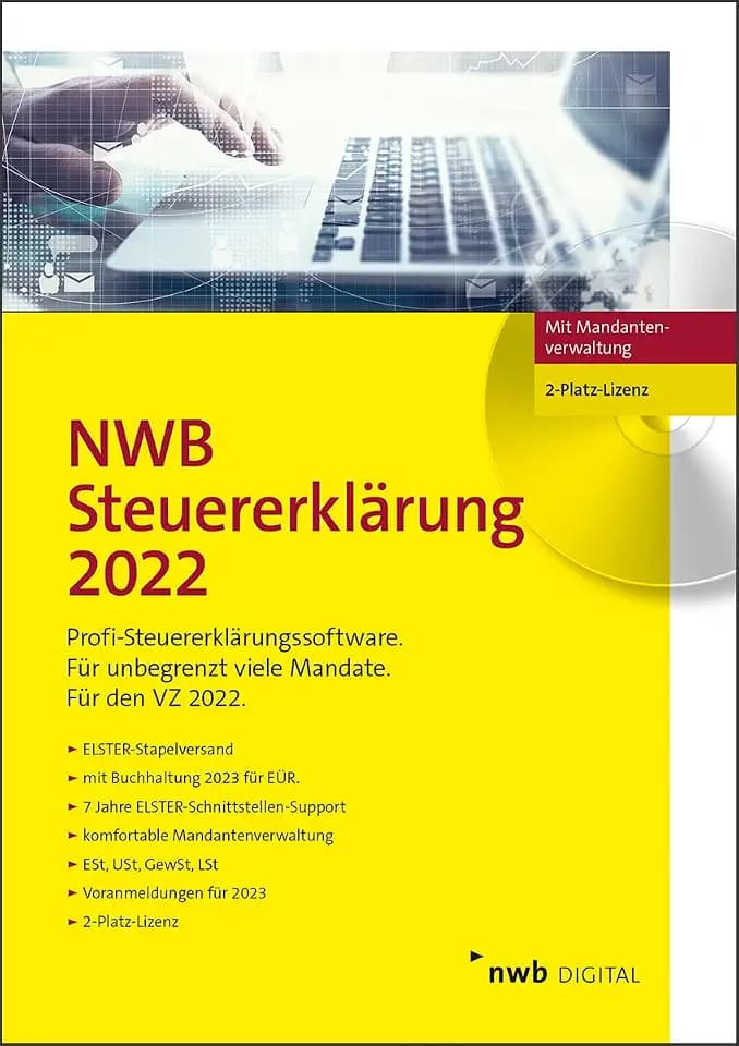 NWB Steuererklärung 2022 – 2-Platz-Lizenz: Profi-Steuererklärungssoftware. Für den VZ 2022. Mit Buchführung 2023 für EÜR. 7 Jahre Elster-Schnittstellen-Support. CD-Version.