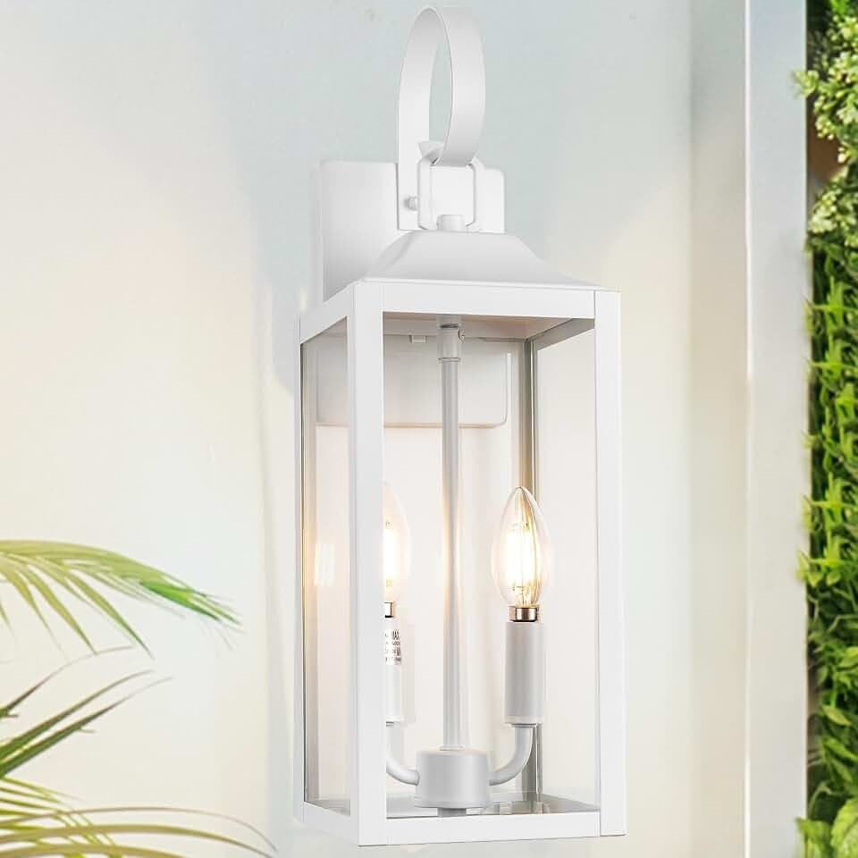 19" White Large Outdoor Wall Lantern 2-Light, Industrial Front Porch Light