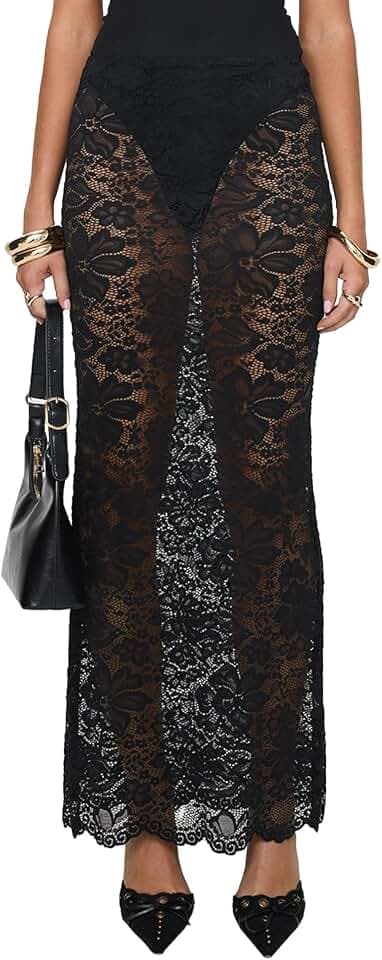 Nicoxijia Damen Y2k Spitze Maxirock Sheer Spitze Maxirock Sommer Sexy Strand Party Cover Up Lange Röcke Casual Streetwear