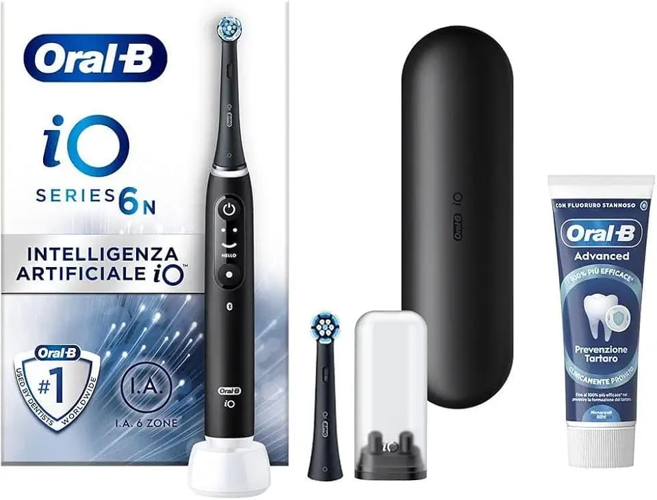 Oral-B Wiederaufladbare elektrische Zahnbürste iO 6N Schwarz, 1 elektrische Zahnbürste, 2 Ersatzbürsten, Reiseetui + 1 Oral-B Advanced Zahnpasta, Zahnsteinprävention, Zahnreinigung
