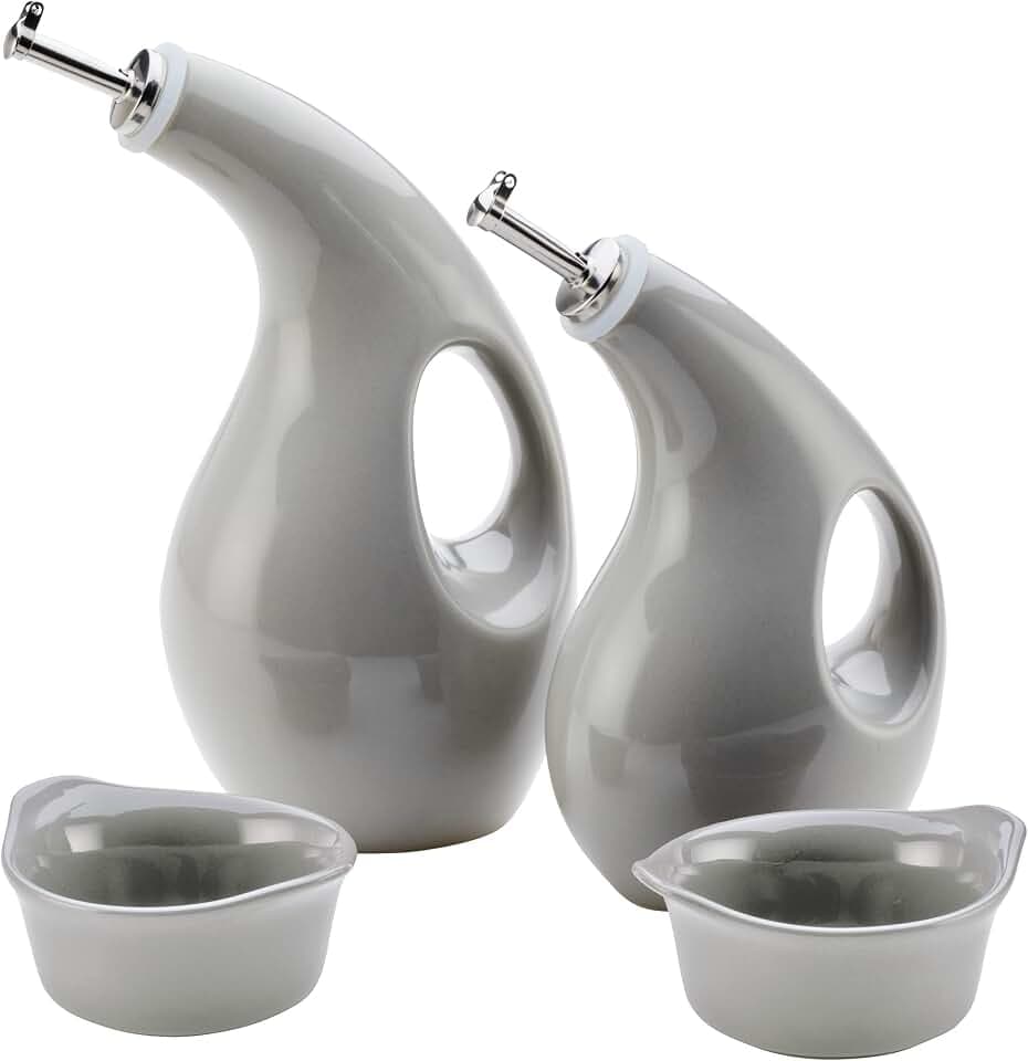 Rachael Ray Serveware Ceramics EVOO and Ramekin Dipper Set, 4 Piece, Light Sea Salt Gray