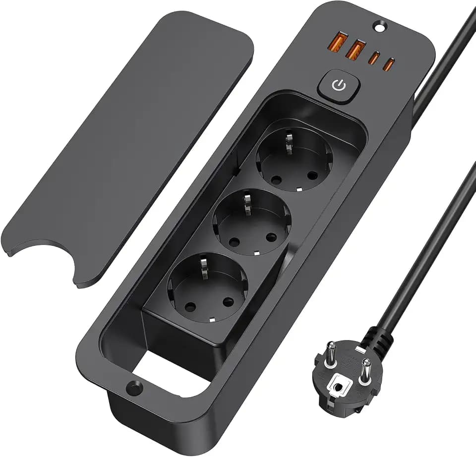 Einbausteckdose 3-Fach mit Deckel, 4 USB (PD 20W) für Tischplatte