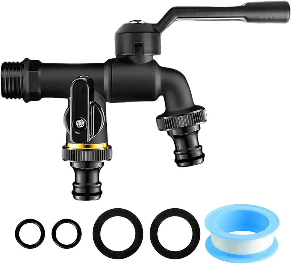 Wasserhahn Garten, Doppel Auslaufhahn 3/4 Zoll aus Messing, Garten Wasserhahn, Doppelwasserhahn mit 2X 3/4 Zoll Abgänge, Rost-und Frostsicher mit 2X Gratis Schlauchanschlüsse